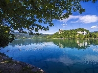 Jezioro Bled, Zamek Bled Castle, Drzewa, Kościół, Góry, Słowenia, Kaczki, Wzgórze
