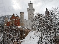 Skały, Bawaria, Zima, Niemcy, Zamek Neuschwanstein, Drzewa