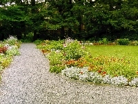 Zieleń, Ogród, Kwiaty, Fontanna