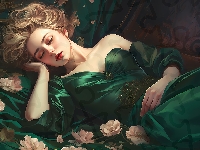Śpiąca, Zielona, Kobieta, Grafika, Suknia
