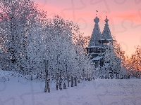 Drzewa, Rosja, Cerkiew, Śnieg, Wieś Chelmuzhi, Karelia, Zima