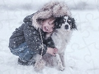 Zima, Radość, Pies, Chłopczyk, Śnieg