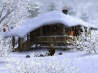 Śnieg, Domek, Zima, Drzewka