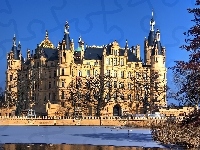 Zima, Schwerin, Niemcy, Zamek, Jezioro, Świt