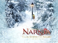 choinki, latarnia, napis, The Chronicles Of Narnia, dziewczynka, zima