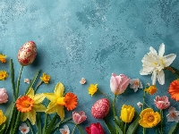 Wielkanoc, Żonkile, Pisanki, Kwiaty, Tulipany