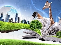 Zwierzęta, Książka, Wieżowce, Drzewa