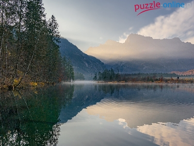 Odbicie, Jezioro Almsee, Góry, Mgła, Austria, Drzewa