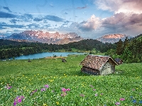 Bawaria, Miejscowość Krun, Drzewa, Łąka, Chmury, Góry, Jezioro Geroldsee, Niemcy, Domek