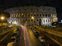 Rzym, Droga, Noc, Koloseum, Włochy, Amfiteatr, Oświetlenie