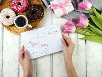 Kawa, Dzień Matki, Tulipany, Prezent, Pączki