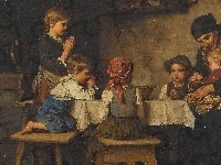 Obraz, Modlitwa, Rodzina, Franz von Defregger, Kobieta, Malarstwo, Dzieci, Stół
