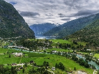 Aurland, Rzeka, Z lotu ptaka, Góry, Norwegia, Dolina Flåmsdalen, Domy