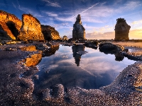 Zachód słońca, Region Taranaki, Skały, Nowa Zelandia, Tongaporutu, Plaża