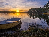 Łódka, Kamienie, Wschód słońca, Jezioro, Drzewa