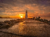 Latarnia morska Walton Lighthouse, Chmury, Kamienie, Santa Cruz, Stany Zjednoczone,  Morze, Stan Kalifornia, Wschód słońca