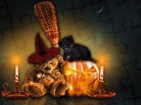 Miś, Dynia, Halloween, Kot, Świece