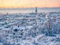 Regensburg, Domy, Niemcy, Śnieg, Zdjęcie miasta, Miasto, Ratyzbona, Zima, Kościół, Bawaria