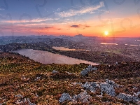 Hrabstwo Donegal, Jezioro Lough Salt, Zachód słońca, Jezioro Lough Greenan, Góry Derryveagh, Irlandia