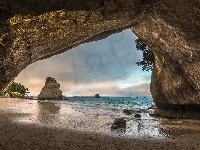 Jaskinia, Nowa Zelandia, Region Waikato, Skały, Zatoka Cathedral Cove, Morze, Półwysep Coromandel