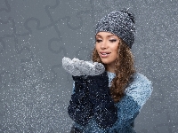 Sweter, Kobieta, Śnieg, Zima, Czapka, Rękawiczki