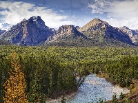 Dolina Bow Valley, Niebo, Las, Prowincja Alberta, Góry, Park Narodowy Banff, Kanada, Rzeka Bow River