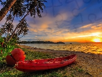 Plaża, Boja, Zachód słońca, Kajak, Palmy, Morze
