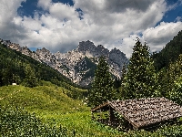 Las, Drewniany, Drzewa, Chmury, Góry, Ścieżka, Szałas