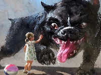 Pies, Dziewczynka, Digital Art, Dziecko, Zły, Piłka