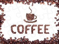 Napis, Kawa, Białe tło, Ziarna, Filiżanka, Coffee