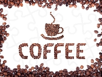 Napis, Kawa, Białe tło, Ziarna, Filiżanka, Coffee