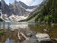 Jezioro Agnes, Kanada, Śnieg, Park Narodowy Banff, Kamienie, Góry, Drzewa, Prowincja Alberta
