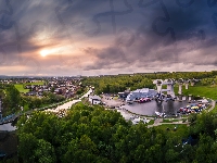 Drzewa, Falkirk Wheel, Falkirk, Rzeka, Szkocja, Winda, Łodzie, Jezioro, Śluza, Wschód słońca