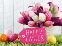 Pisanki, Wielkanoc, Happy Easter, Kompozycja, Tulipany, Napis