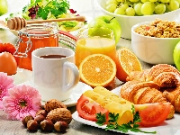 Owoce, Rogaliki, Sok, Śniadanie, Ser, Miód