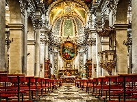 Miejscowość Modica, Zdobienia, Kolumny, Włochy, Ołtarz, Kościół Chiesa di san Giovanni Evangelista, Wnętrze, Ławki