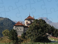 Góry, Silvaplana, Szwajcaria, Miejscowość Surlej, Zamek Schloss Crap da Sass, Drzewa, Kanton Gryzonia