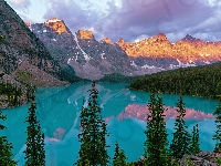 Prowincja Alberta, Góry, Odbicie, Park Narodowy Banff, Kanada, Jezioro Moraine, Drzewa
