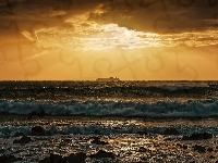 Zachód słońca, Morze, Fale, Statek