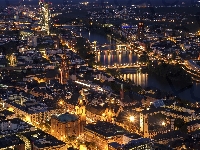 Frankfurt nad Menem, Mosty, Światła, Budynki, Niemcy, Rzeka Men, Noc