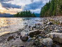 Kolumbia Brytyjska, Jezioro Harrison Lake, Promienie słońca, Kamienie, Park prowincjonalny Sasquatch, Kanada, Drzewa