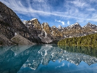 Prowincja Alberta, Jezioro Moraine, Odbicie, Góry, Kanada, Park Narodowy Banff, Drzewa