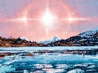 Góry, Paintography, Wschód słońca, Jezioro