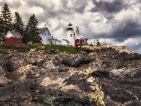 Miasto Bristol, Skały, Stany Zjednoczone, Latarnia morska Pemaquid Point Lighthouse Park, Chmury, Stan Maine