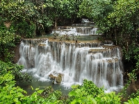 Park Narodowy Erawan, Kaskada, Tajlandia, Wodospad Erawan waterfall, Drzewa, Prowincja Kanchanaburi