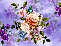 Ptak, Kwiaty, Róże, Grafika