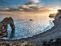 Wybrzeże Jurajskie, Wschód słońca, Durdle Door, Morze, Łuk wapienny, Anglia, Skały, Brzeg