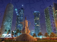 Pomnik, Doha, Noc, Katar, Drapacze Chmur, Palmy