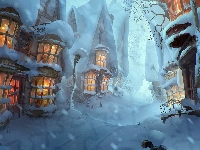 Domy, Zima, Śnieg, Digital Art