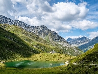 Jezioro, Południowy Tyrol, Dom, Włochy, Góry, Droga